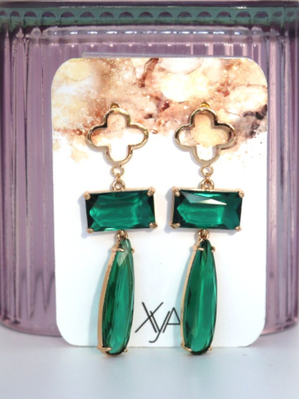 Green Crystal Dangle Earrings with Gold Accents